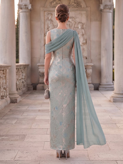 Robe fourreau pour mère de la mariée en jacquard, encolure arrondie, sans manches, longueur aux chevilles, motif floral et étole