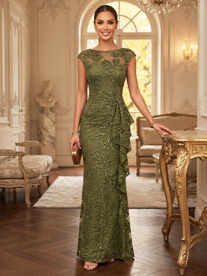 Robe fourreau pour mère de la mariée en dentelle, encolure arrondie, sans manches, longueur au sol, sequins et volants