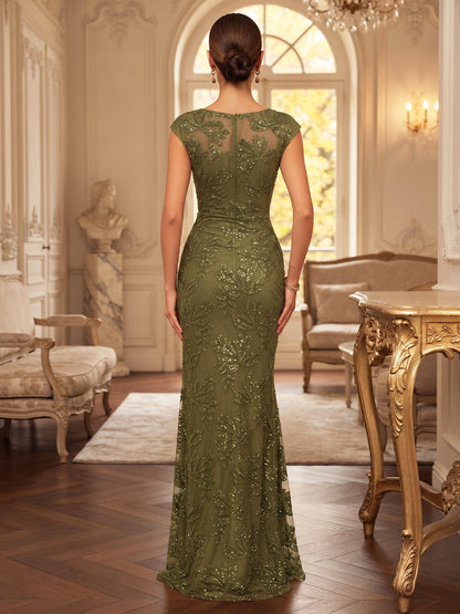 Robe fourreau pour mère de la mariée en dentelle, encolure arrondie, sans manches, longueur au sol, sequins et volants