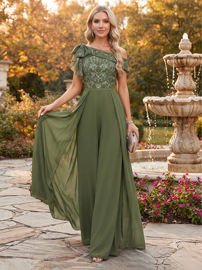 Combinaison pour mère de la mariée en mousseline, épaules dénudées, sans manches, longueur au sol, avec surjupe et motifs appliqués