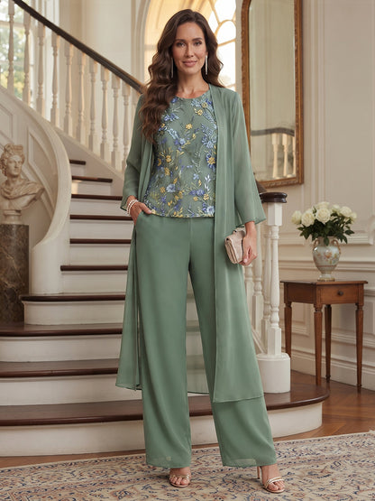 Ensemble pantalon 3 pièces en mousseline pour mère de la mariée : encolure arrondie, manches longues, longueur aux chevilles et broderies