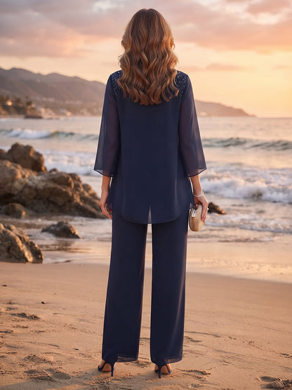 Ensemble pantalon 3 pièces pour mère de la mariée en mousseline, encolure arrondie, manches 3/4 et ornements en perles