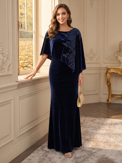 Robe longue pour mère de la mariée en velours, coupe fourreau, encolure arrondie, manches mi-longues, avec sequins et motifs appliqués