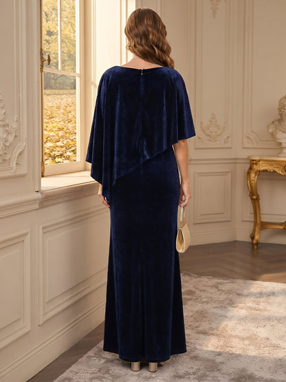Robe longue pour mère de la mariée en velours, coupe fourreau, encolure arrondie, manches mi-longues, avec sequins et motifs appliqués