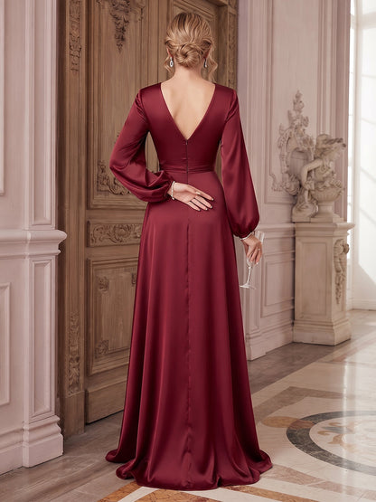 Robe de bal longue avec traîne balai, coupe trapèze/princesse, en satin, col en V, manches longues, avec fente latérale