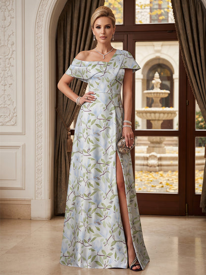 Robe longue pour mère de la mariée, coupe trapèze/princesse, en jacquard, asymétrique, sans manches, avec fente latérale et motif floral