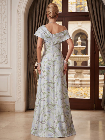 Robe longue pour mère de la mariée, coupe trapèze/princesse, en jacquard, asymétrique, sans manches, avec fente latérale et motif floral