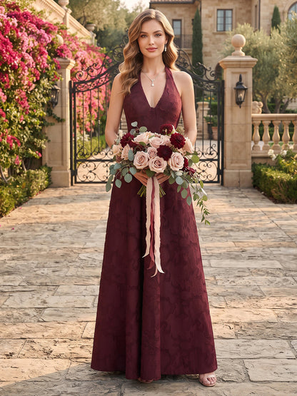 Robe de demoiselle d'honneur longue en mousseline, coupe trapèze/princesse, dos nu (encolure américaine), sans manches et motifs floraux