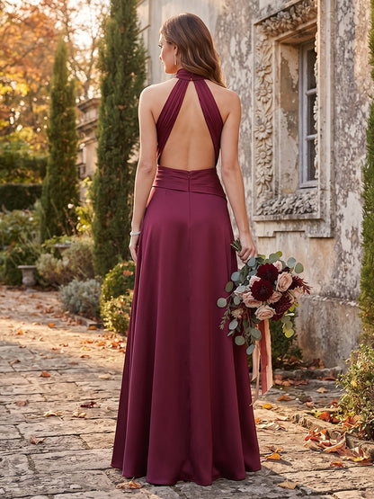 Robe de demoiselle d'honneur longue en satin de soie, coupe trapèze/princesse, dos nu (encolure américaine), sans manches et drapés