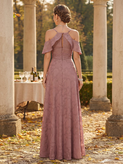 Robe de demoiselle d'honneur longue en mousseline, coupe trapèze/princesse, épaules ouvertes, manches courtes et motifs floraux