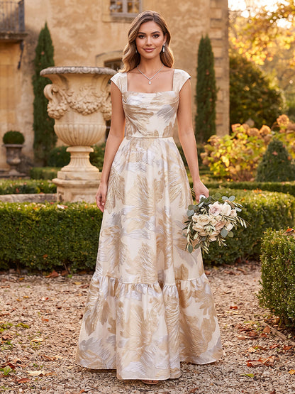 Robe de demoiselle d'honneur longue en jacquard, coupe trapèze/princesse, encolure carrée, mancherons et drapés