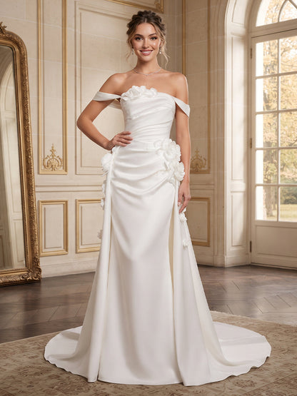Robes de mariée en satin, coupe trapèze/princesse, épaules dénudées, sans manches, traîne courte, avec fleurs en 3D
