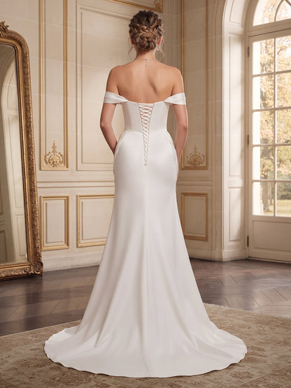 Robes de mariée en satin, coupe trapèze/princesse, épaules dénudées, sans manches, traîne courte, avec fleurs en 3D