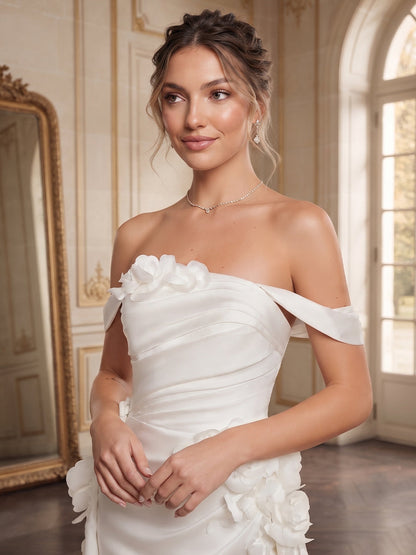 Robes de mariée en satin, coupe trapèze/princesse, épaules dénudées, sans manches, traîne courte, avec fleurs en 3D