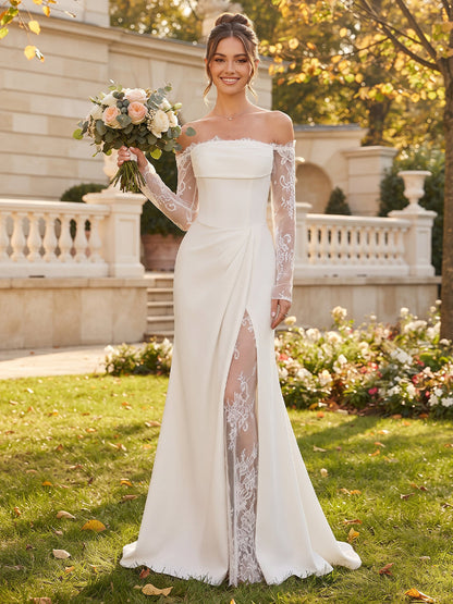 Robes de mariée en satin extensible, coupe trompette/sirène, épaules dénudées, manches longues, longueur au sol, avec applications et fente latérale