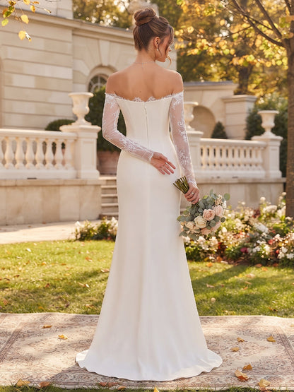 Robes de mariée en satin extensible, coupe trompette/sirène, épaules dénudées, manches longues, longueur au sol, avec applications et fente latérale