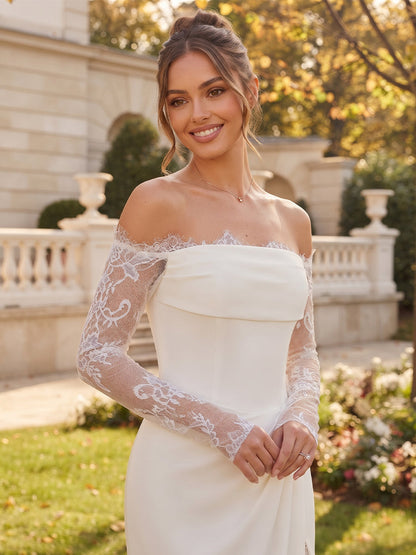 Robes de mariée en satin extensible, coupe trompette/sirène, épaules dénudées, manches longues, longueur au sol, avec applications et fente latérale