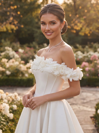 Robes de mariée en satin, coupe trapèze/princesse, épaules dénudées, sans manches, longueur au sol, avec détails en 3D Fleur
