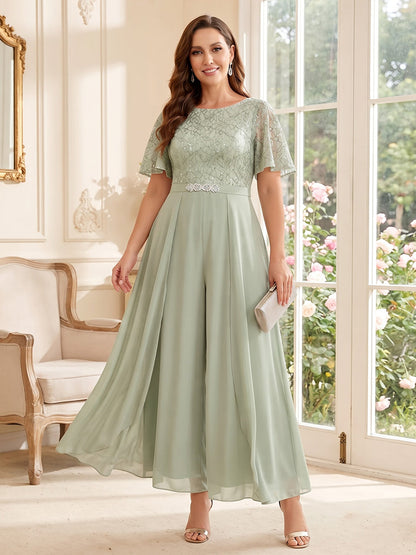 Combinaison de mère de la mariée grande taille en mousseline, encolure arrondie, manches courtes, longueur cheville, avec dentelle et plis
