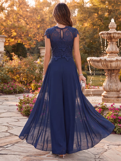 Combinaison de mère de la mariée en mousseline, encolure arrondie, mancherons, longueur au sol, avec dentelle