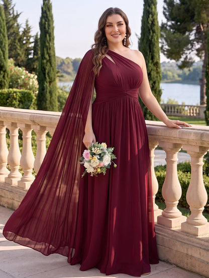 Robe trapèze longue en mousseline (grande taille) pour demoiselle d'honneur, asymétrique sans manches, avec cape