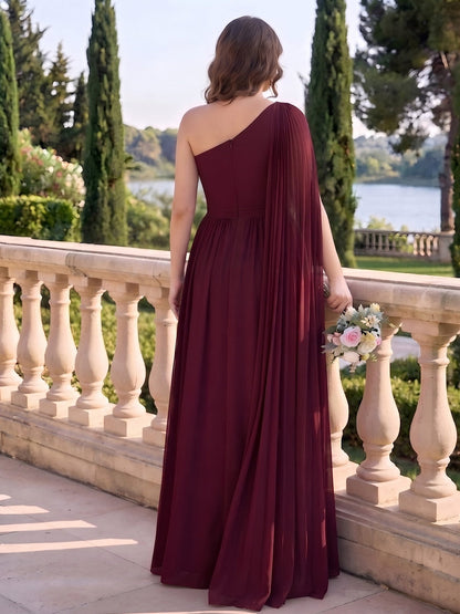 Robe trapèze longue en mousseline (grande taille) pour demoiselle d'honneur, asymétrique sans manches, avec cape