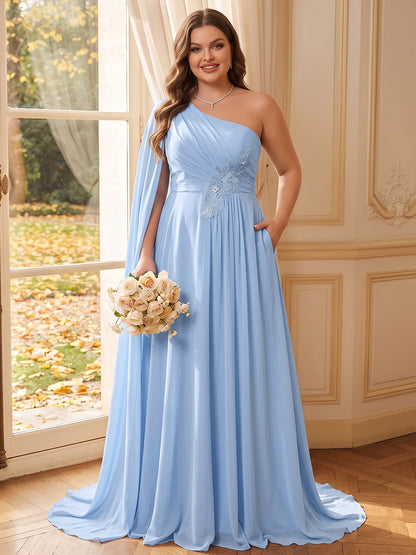 Robe trapèze longue en mousseline (grande taille) pour demoiselle d'honneur, asymétrique sans manches, avec cape et applications