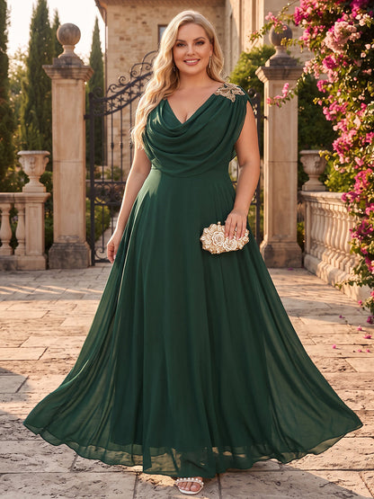Robe trapèze longue en mousseline (grande taille) pour demoiselle d'honneur, col bénitier sans manches, avec applications