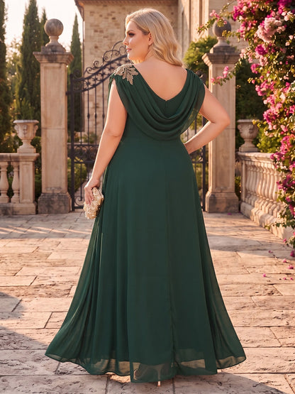 Robe trapèze longue en mousseline (grande taille) pour demoiselle d'honneur, col bénitier sans manches, avec applications