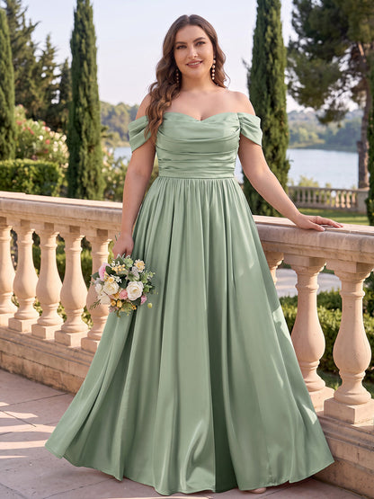 Robe trapèze longue en satin de soie (grande taille) pour demoiselle d'honneur, épaules dénudées sans manches, avec plis