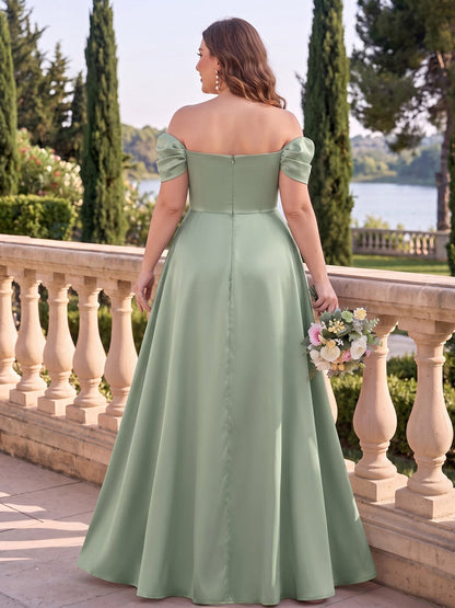 Robe trapèze longue en satin de soie (grande taille) pour demoiselle d'honneur, épaules dénudées sans manches, avec plis