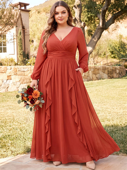 Robe trapèze longue en mousseline (grande taille) pour demoiselle d'honneur, col en V, manches longues, avec volants