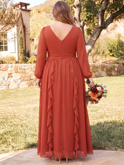 Robe trapèze longue en mousseline (grande taille) pour demoiselle d'honneur, col en V, manches longues, avec volants