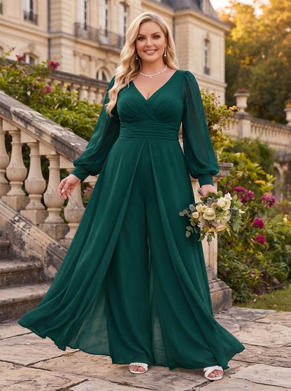 Combinaison longue en mousseline (grande taille) pour demoiselle d'honneur, col en V, manches longues, avec drapé