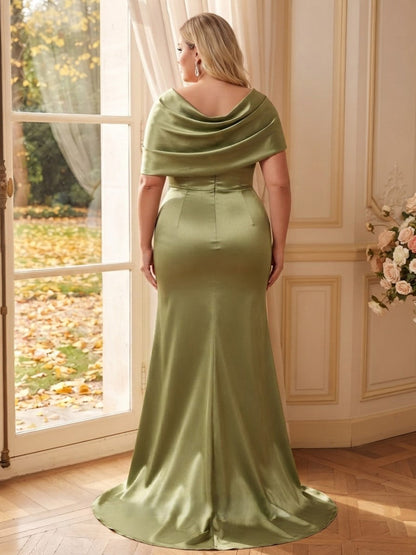 Robe sirène longue en satin de soie (grande taille) pour demoiselle d'honneur, épaules dénudées, mancherons, avec drapé et fente latérale