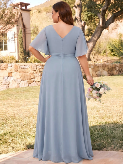 Robe fourreau longue en mousseline (grande taille) pour demoiselle d'honneur, col en V, manches courtes, avec plis
