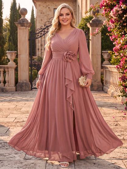 Robe trapèze longue en mousseline (grande taille) pour demoiselle d'honneur, col en V, manches longues, avec fleurs 3D et volants