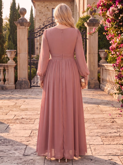 Robe trapèze longue en mousseline (grande taille) pour demoiselle d'honneur, col en V, manches longues, avec fleurs 3D et volants