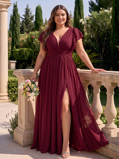 Robe trapèze longue en mousseline (grande taille) pour demoiselle d'honneur, col en V, manches courtes, avec plis et fente latérale