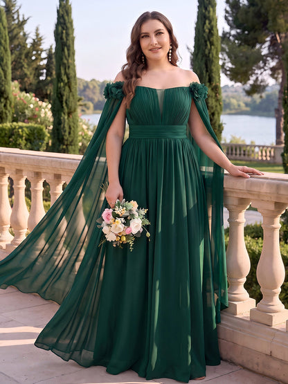 Robe trapèze longue en mousseline (grande taille) pour demoiselle d'honneur, épaules dénudées sans manches, avec cape et fleurs 3D