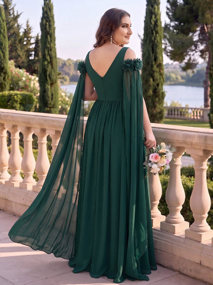 Robe trapèze longue en mousseline (grande taille) pour demoiselle d'honneur, épaules dénudées sans manches, avec cape et fleurs 3D