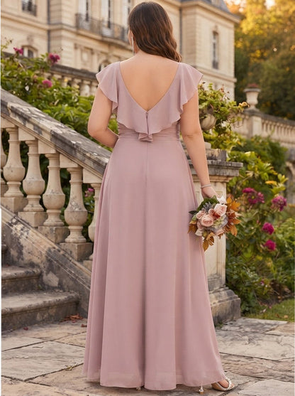 Combinaison, col en V Robes de demoiselle d'honneur grande taille en mousseline, coupe longue, manches volantées et détails drapés