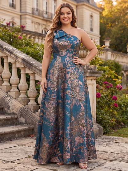 Robes de demoiselle d'honneur grande taille en jacquard, coupe trapèze/princesse, asymétrique (une épaule), sans manches, longueur au sol et nœud décoratif