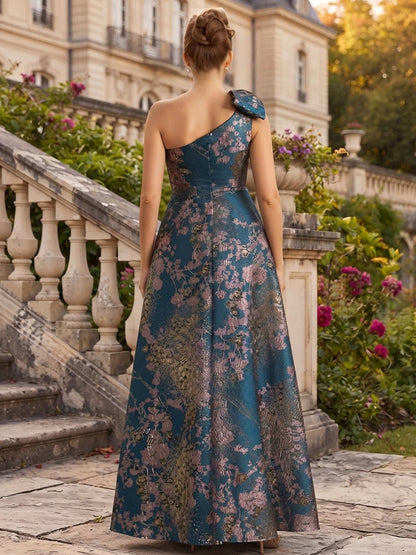 Robes de demoiselle d'honneur grande taille en jacquard, coupe trapèze/princesse, asymétrique (une épaule), sans manches, longueur au sol et nœud décoratif