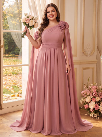 Robes de demoiselle d'honneur grande taille en mousseline, coupe trapèze/princesse, asymétrique (une épaule), sans manches, longueur au sol, cape et fleurs en 3D