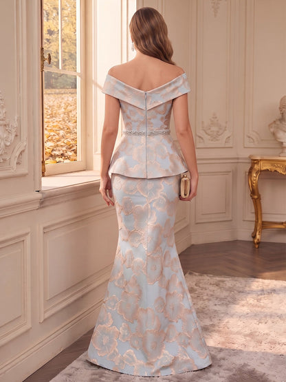 Robes grande taille pour mère de la mariée en jacquard, coupe trompette/sirène, épaules dénudées, sans manches, longueur au sol, plis et ceinture
