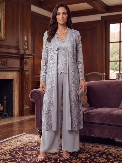 Combinaisons grande taille pour mère de la mariée en dentelle, col en V, manches longues, longueur au sol et veste assortie