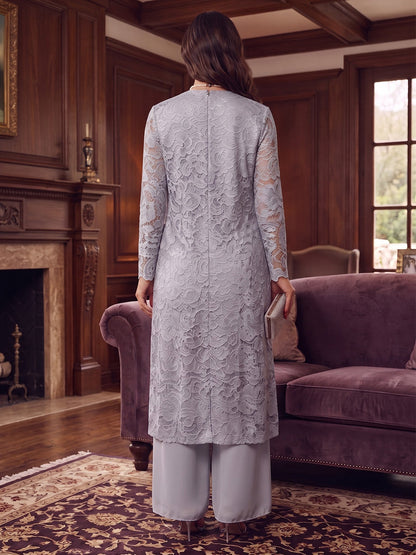 Combinaisons grande taille pour mère de la mariée en dentelle, col en V, manches longues, longueur au sol et veste assortie