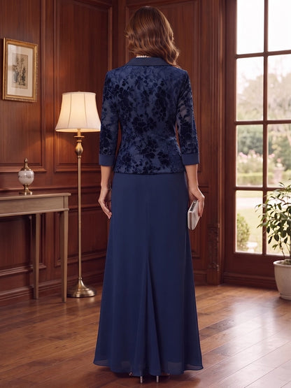 Robes grande taille pour mère de la mariée en velours, coupe fourreau, col en V, manches 3/4, longueur au sol, veste et motifs floraux