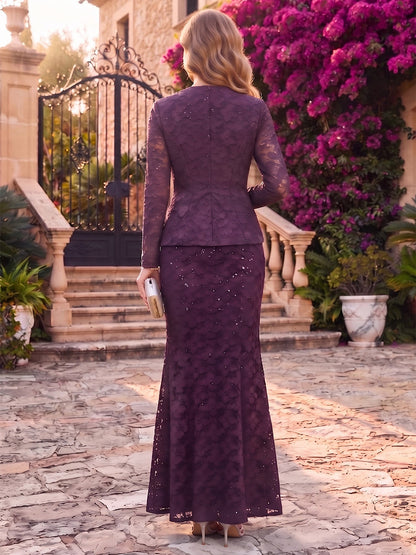 Robes grande taille pour mère de la mariée en dentelle, coupe fourreau, encolure carrée, manches longues, longueur au sol et veste assortie